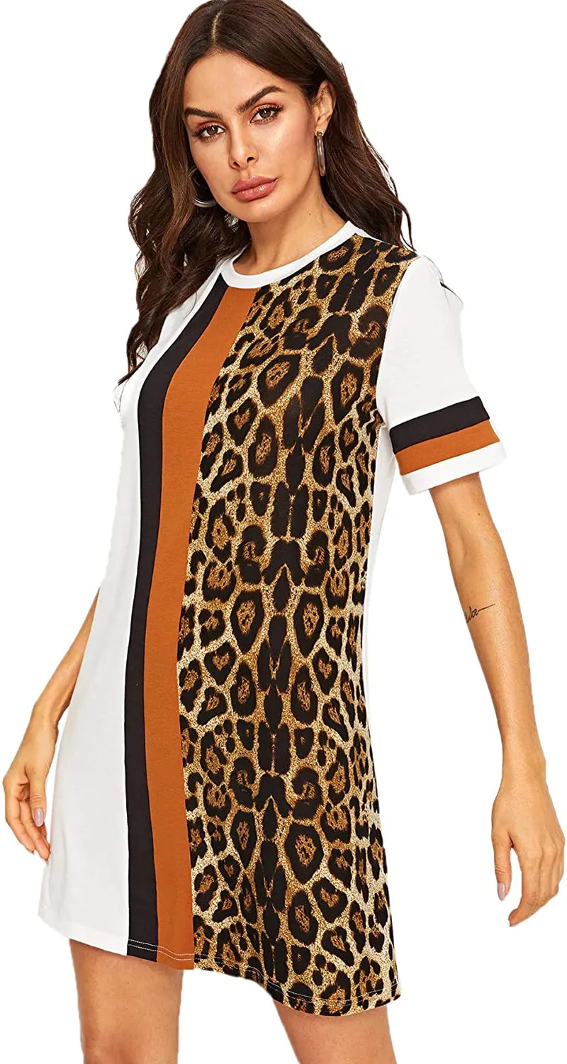 Floerns Women's Short Sleeve Color Block Leopard Print Tunic Dress