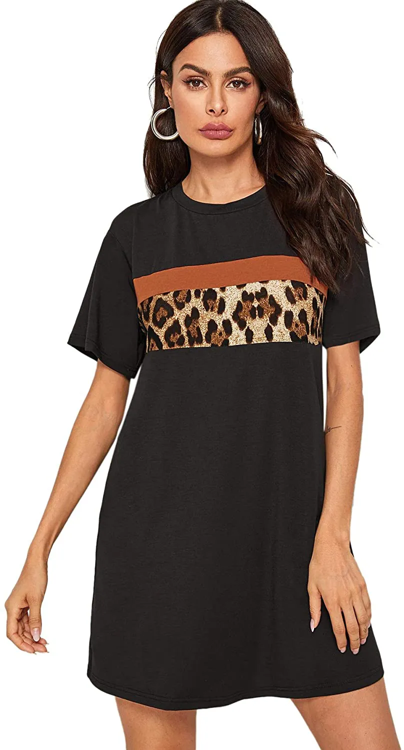 Floerns Women's Short Sleeve Color Block Leopard Print Tunic Dress
