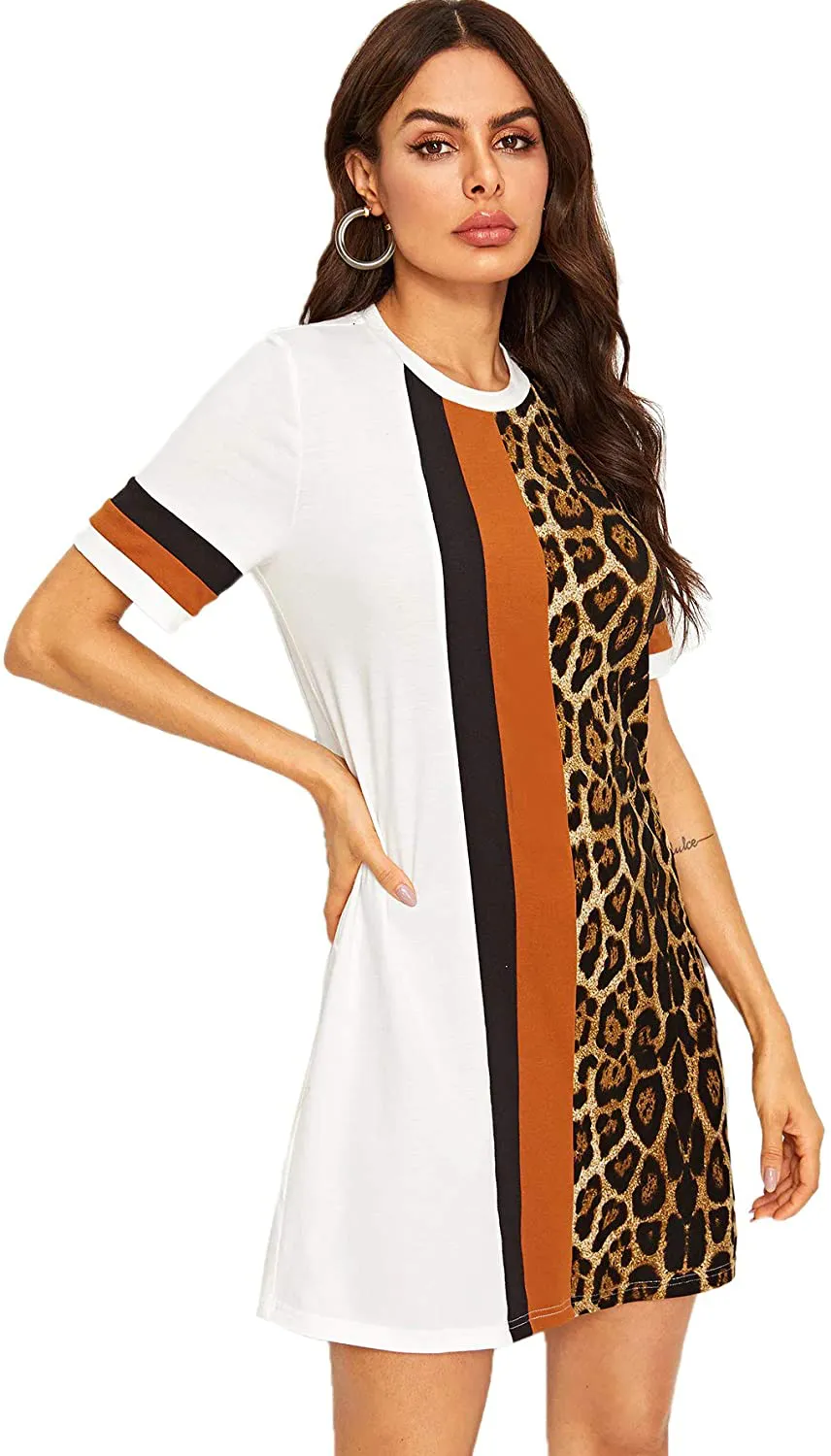 Floerns Women's Short Sleeve Color Block Leopard Print Tunic Dress