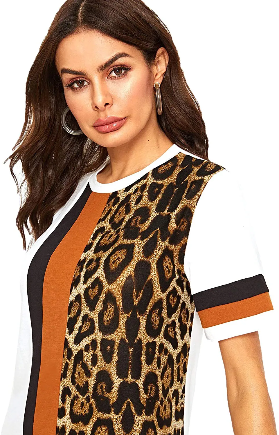 Floerns Women's Short Sleeve Color Block Leopard Print Tunic Dress