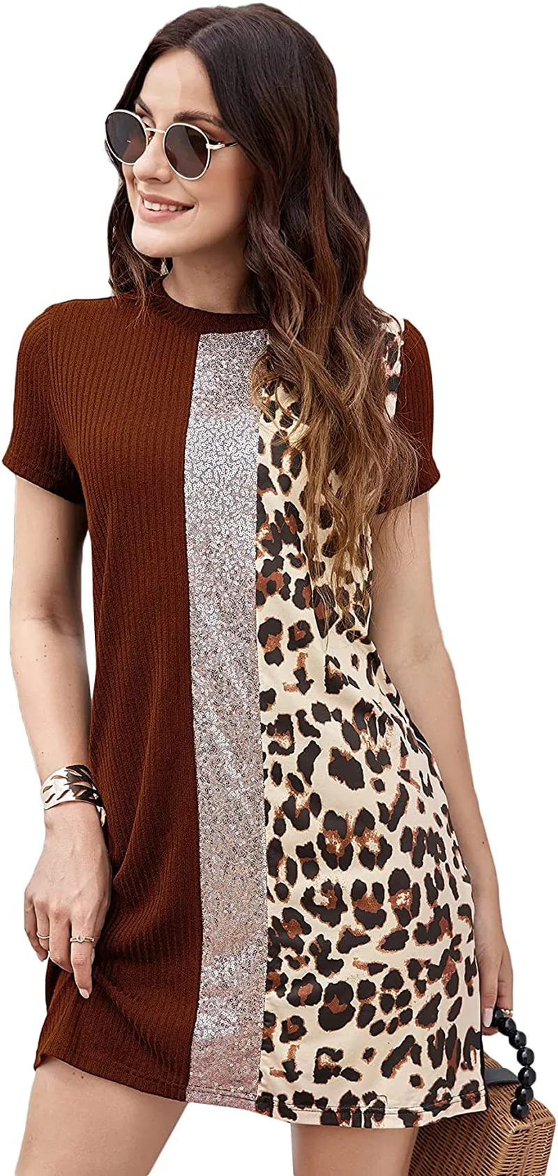 Floerns Women's Short Sleeve Color Block Leopard Print Tunic Dress