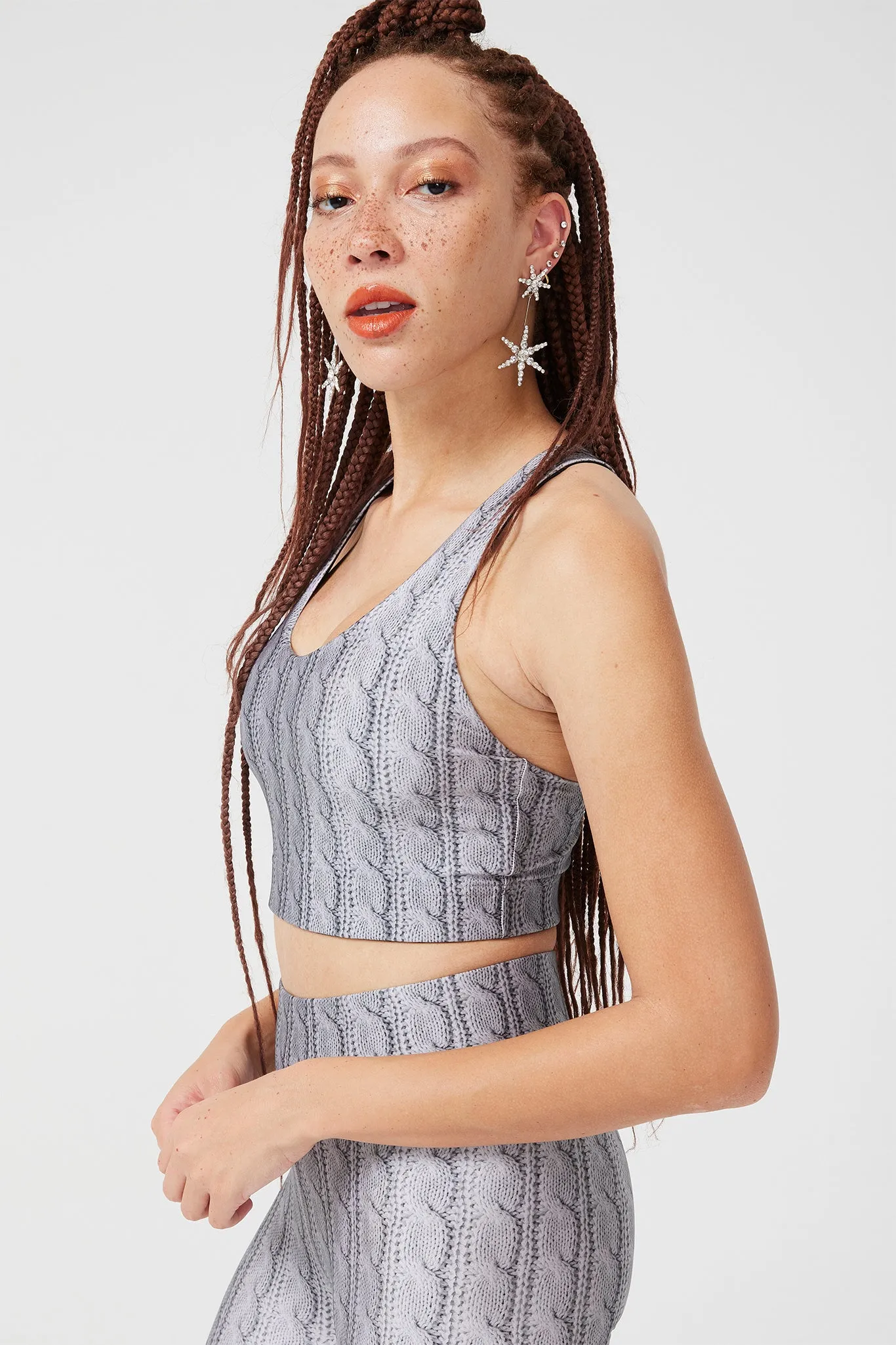 Hi-Shine Sports Bra in Silver Cable Knit