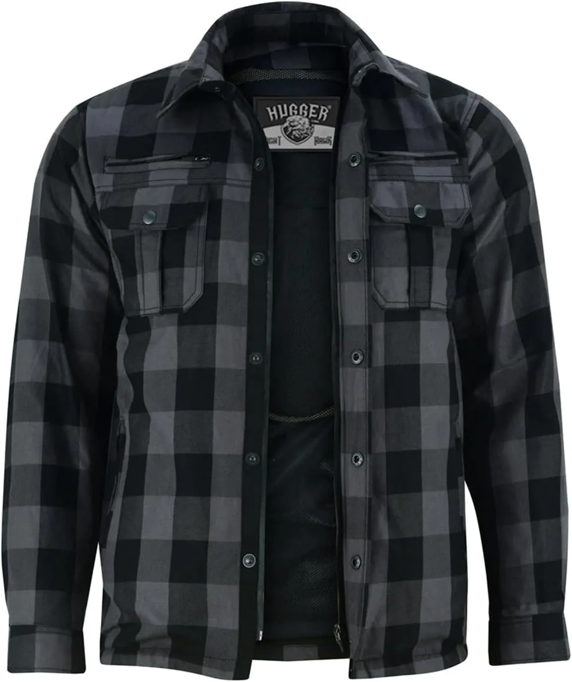 Hugger Men's Motorcycle Shirt Plaid Biker Flannel Jacket Removable Sporty Armored, Zipper and Snap Closure & Water Resistant