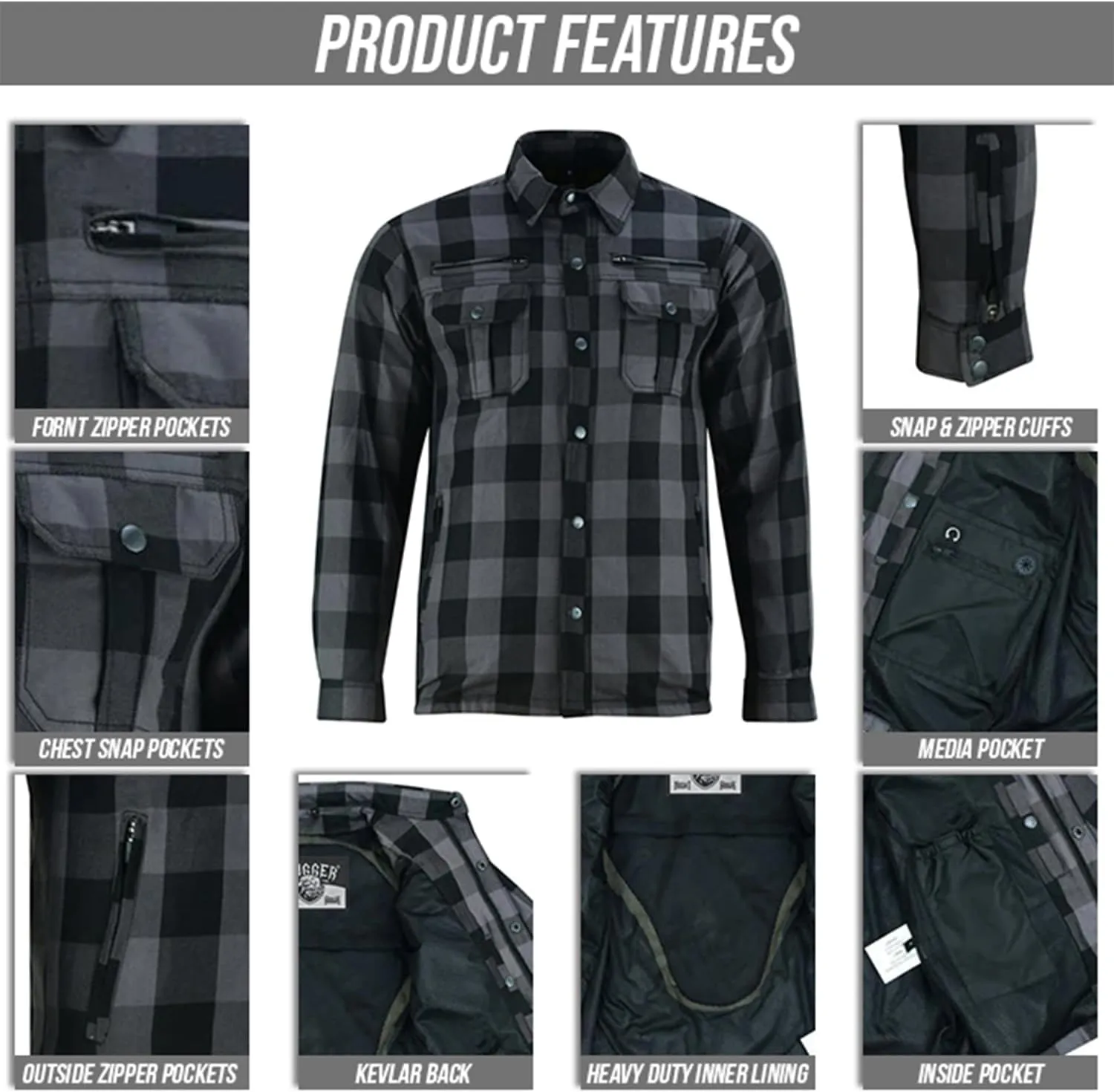 Hugger Men's Motorcycle Shirt Plaid Biker Flannel Jacket Removable Sporty Armored, Zipper and Snap Closure & Water Resistant