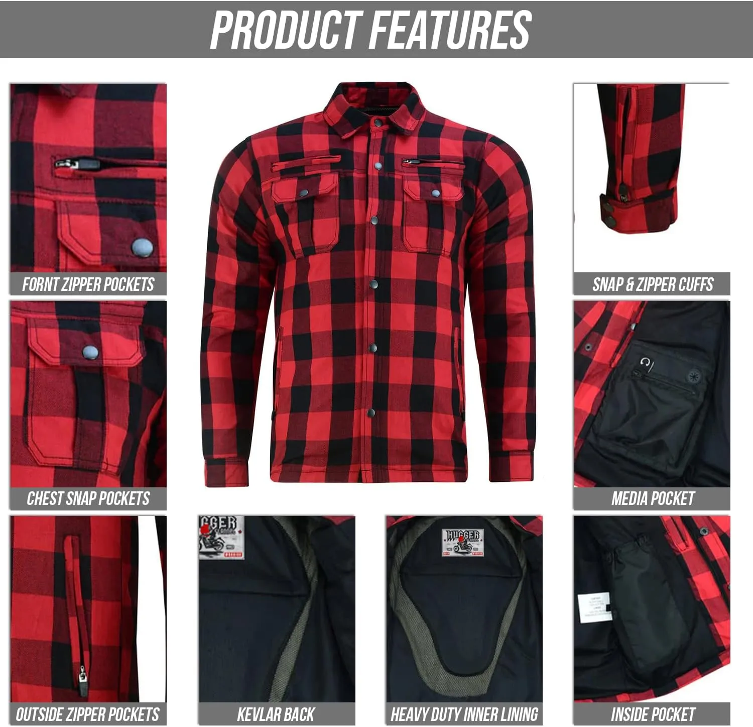 Hugger Men's Motorcycle Shirt Plaid Biker Flannel Jacket Removable Sporty Armored, Zipper and Snap Closure & Water Resistant