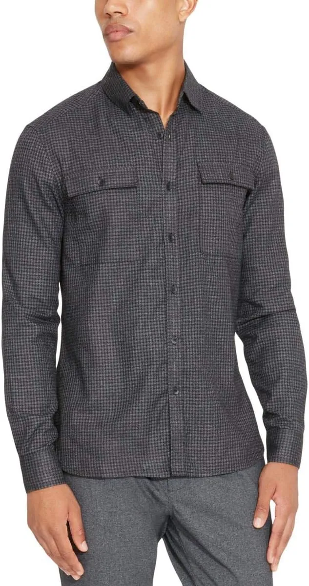 Kenneth Cole Mens Performance Mini-Check Button Up Shirt, Black, Medium