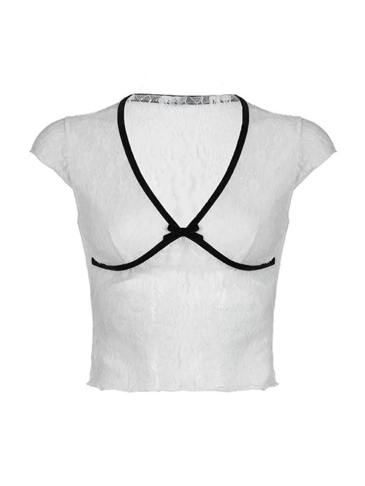 Lace Bow Splice V Neck Short Sleeve Tee