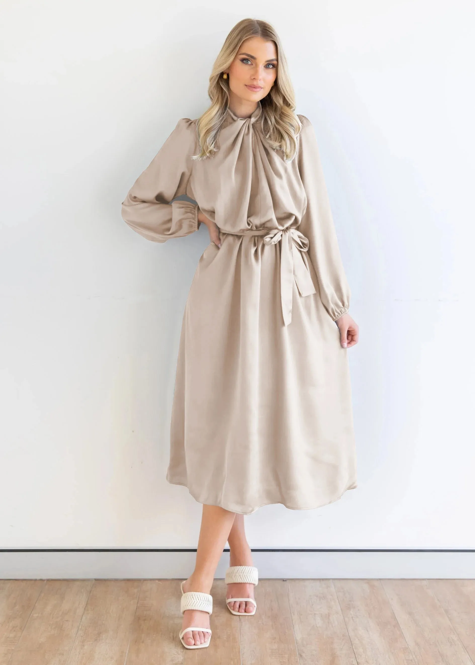 Lantern Sleeve Satin Evening Dress
