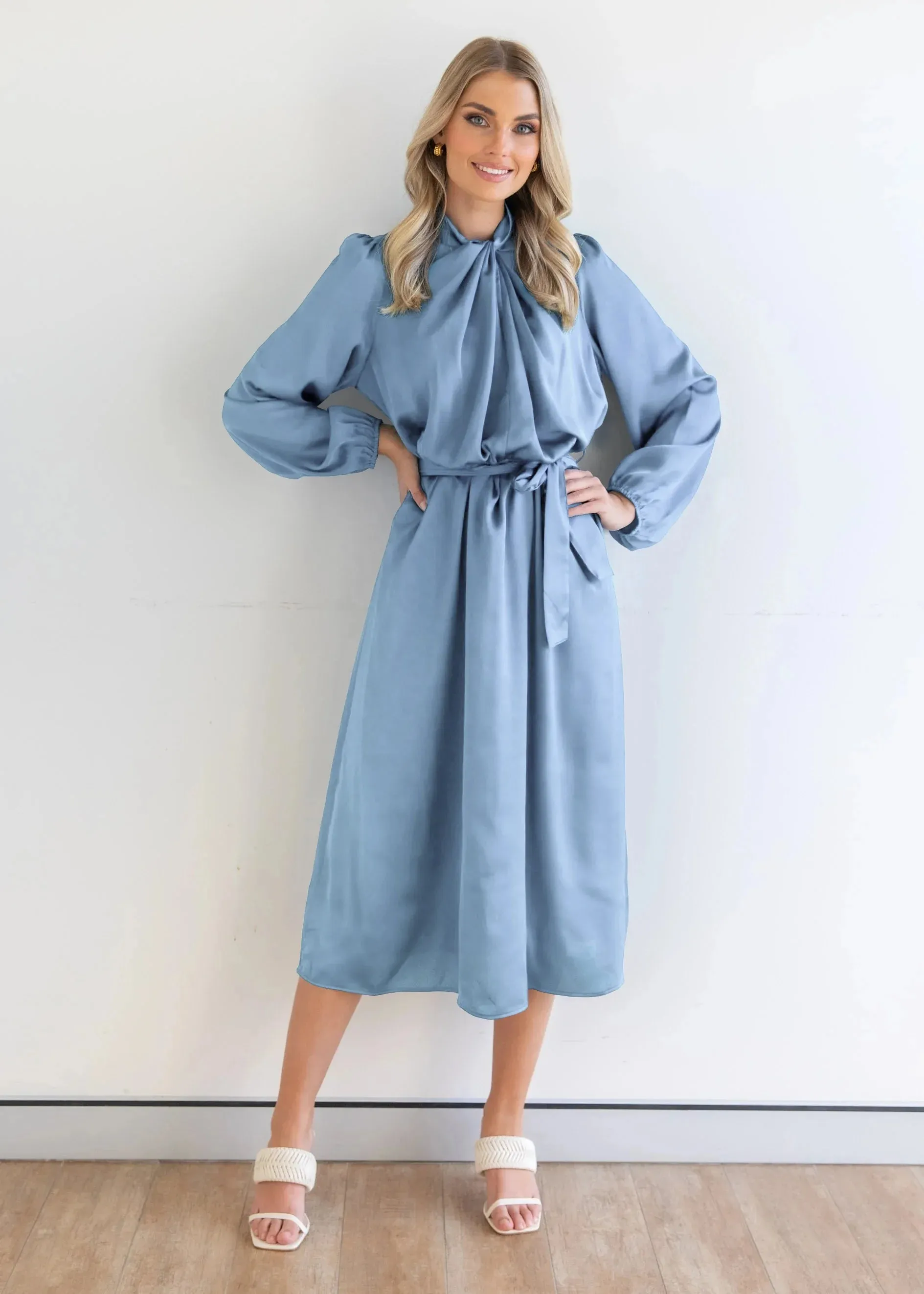 Lantern Sleeve Satin Evening Dress