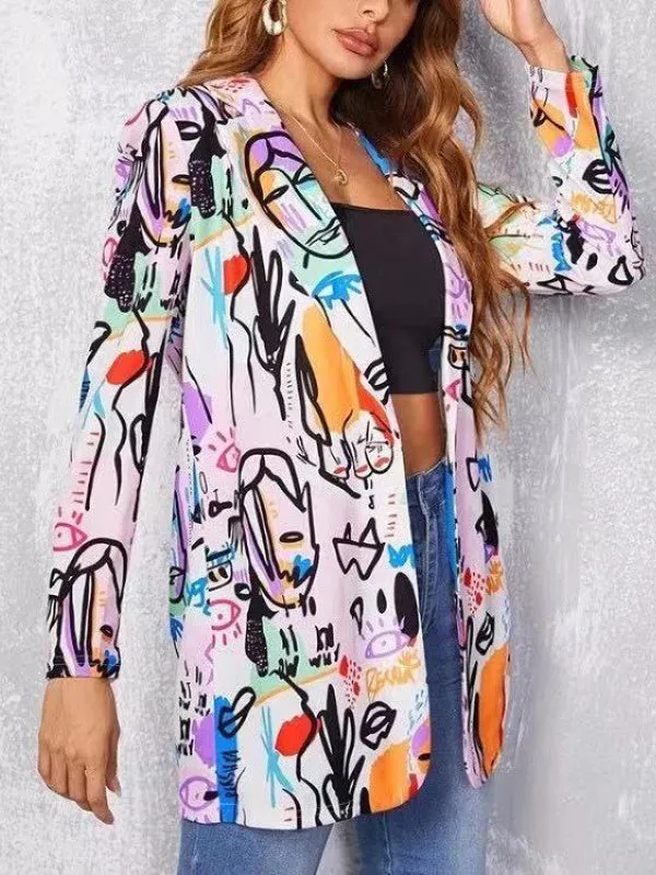 Long Sleeves Loose Figure Printed Notched Collar Outerwear