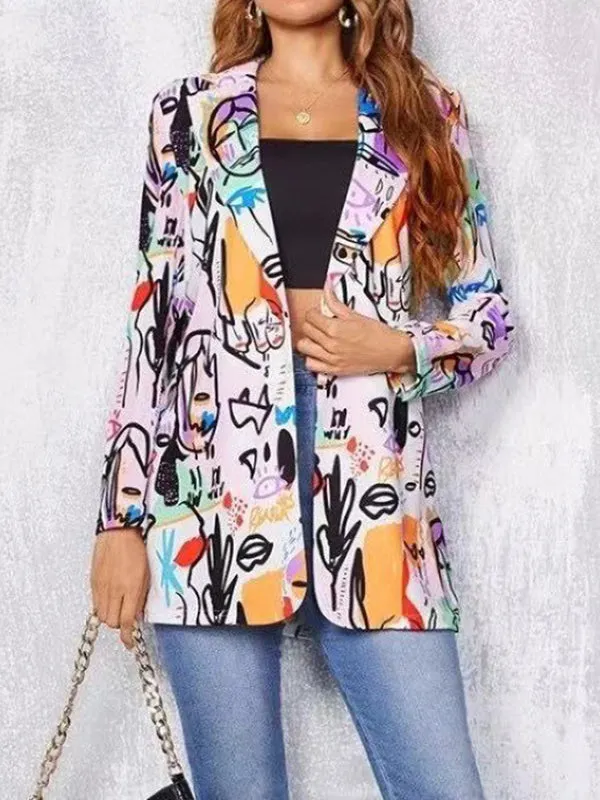 Long Sleeves Loose Figure Printed Notched Collar Outerwear