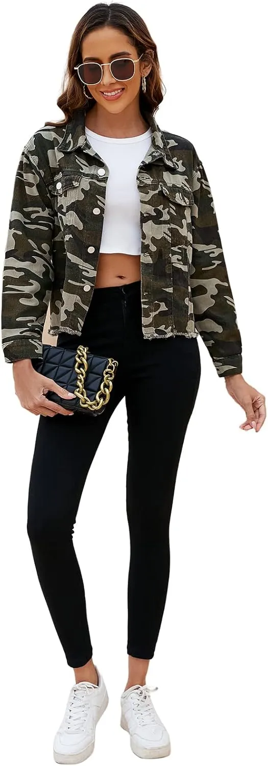 LONGBIDA Women's Jean Jacket Frayed Washed Button Up Cropped Denim Jacket With Pockets