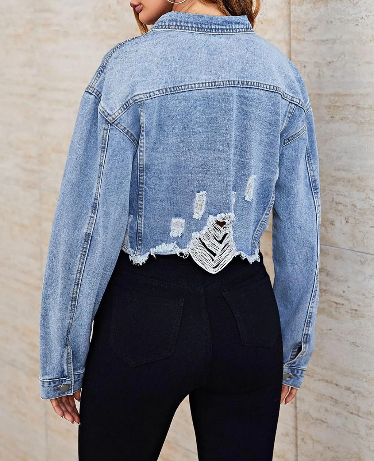 LONGBIDA Women's Jean Jacket Frayed Washed Button Up Cropped Denim Jacket With Pockets