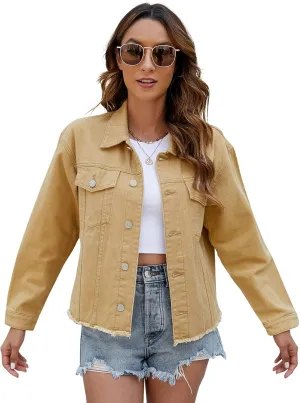 LONGBIDA Women's Jean Jacket Frayed Washed Button Up Cropped Denim Jacket With Pockets