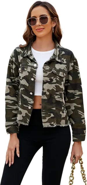 LONGBIDA Women's Jean Jacket Frayed Washed Button Up Cropped Denim Jacket With Pockets