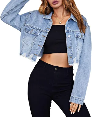 LONGBIDA Women's Jean Jacket Frayed Washed Button Up Cropped Denim Jacket With Pockets