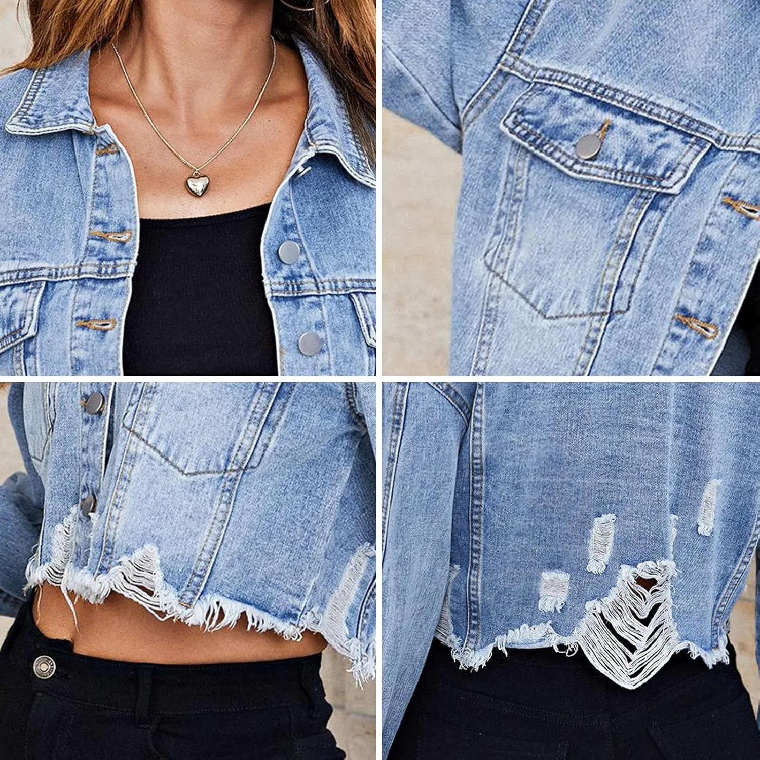 LONGBIDA Women's Jean Jacket Frayed Washed Button Up Cropped Denim Jacket With Pockets