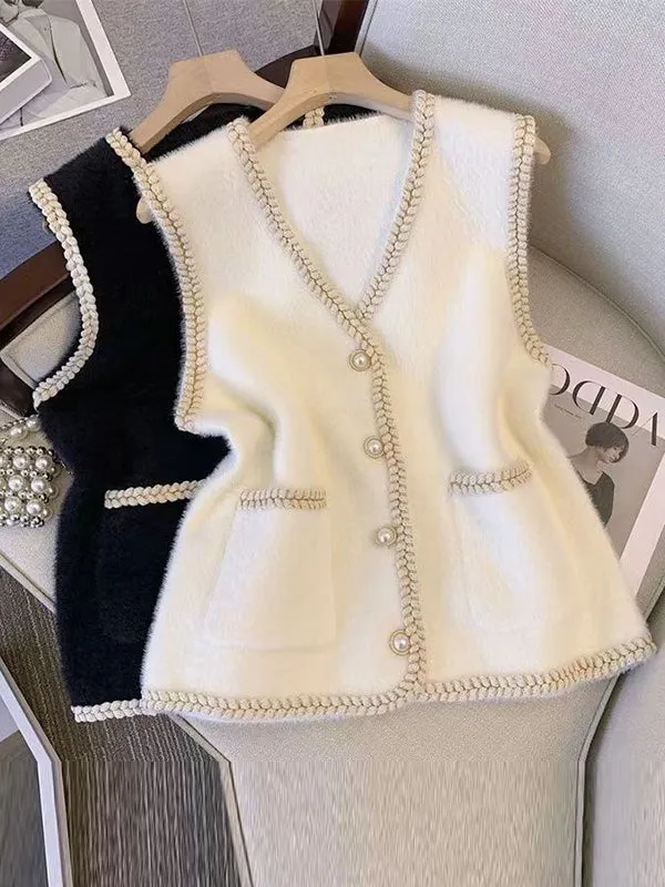 Loose Sleeveless Buttoned V-Neck Vest Outerwear