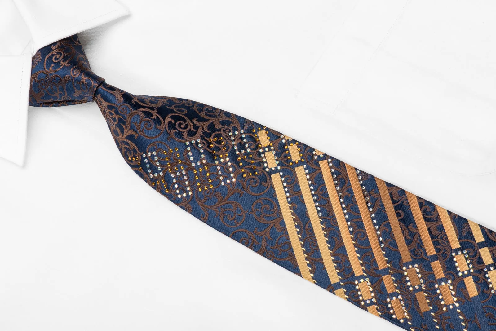 Perry Ellis Men's Crystal Silk Tie Brown Acanthus & Stripes On Navy With Gold Sparkles