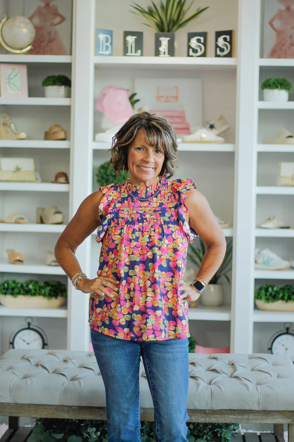 Printed Ruff Top in Navy with Pink, Green, Orange and Yellow