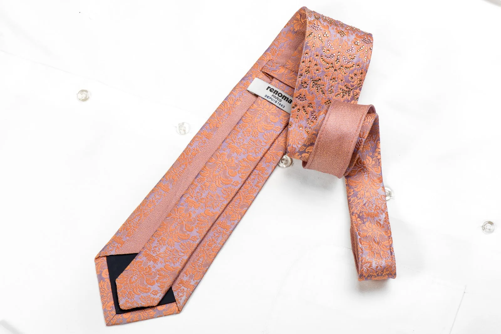 Renoma Men's Crystal Silk Necktie Peach Damask On Mauve Sparkling With Rhinestones