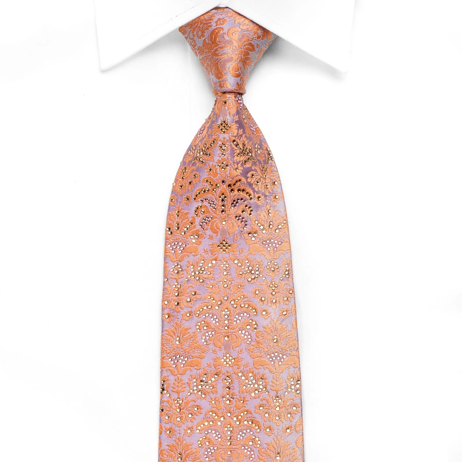 Renoma Men's Crystal Silk Necktie Peach Damask On Mauve Sparkling With Rhinestones