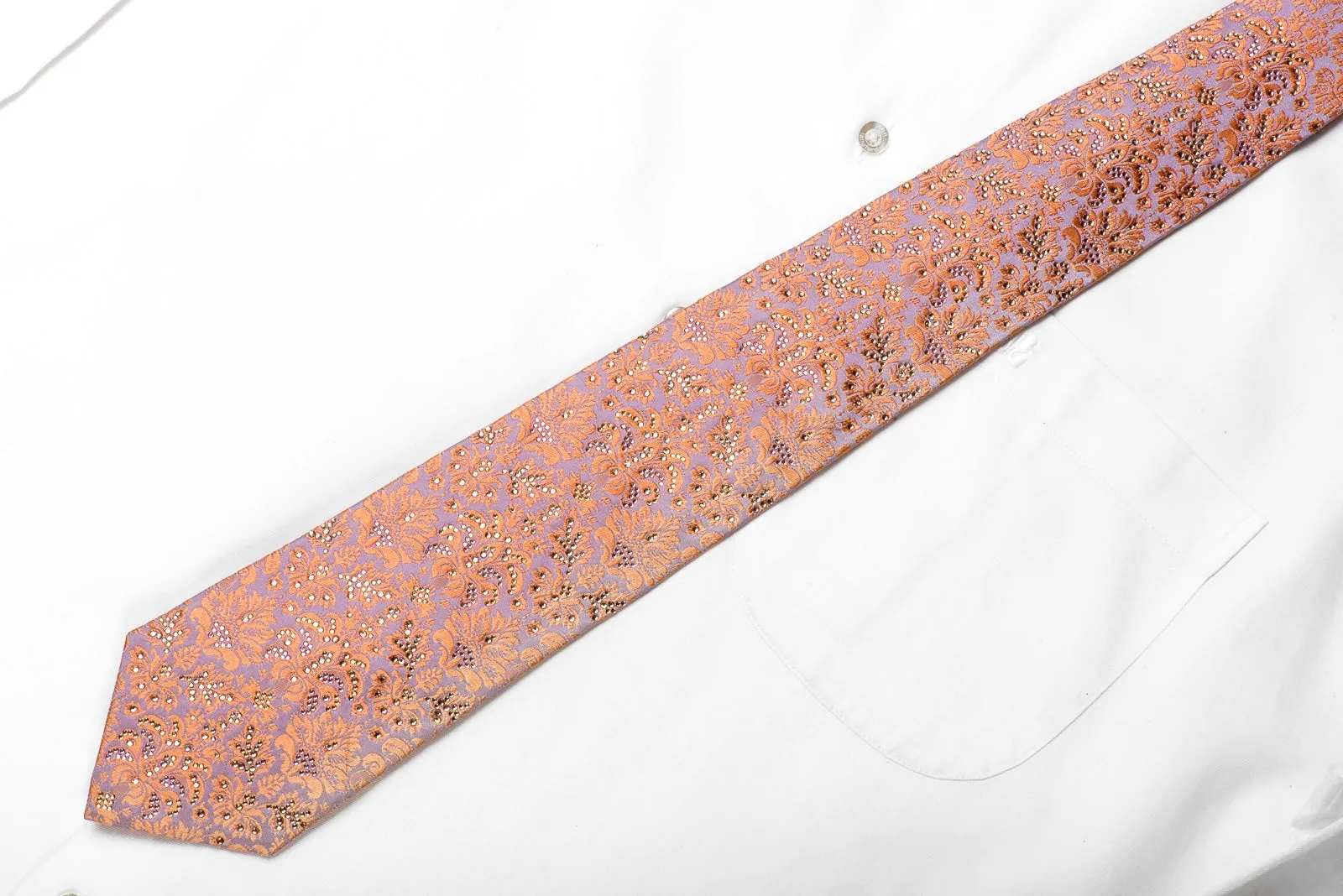 Renoma Men's Crystal Silk Necktie Peach Damask On Mauve Sparkling With Rhinestones