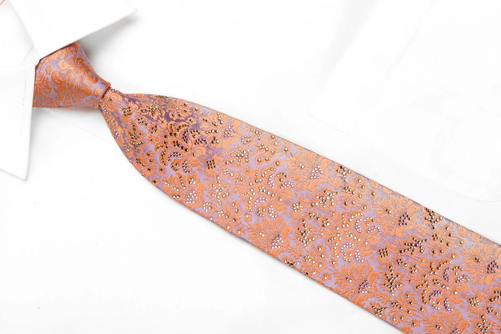 Renoma Men's Crystal Silk Necktie Peach Damask On Mauve Sparkling With Rhinestones