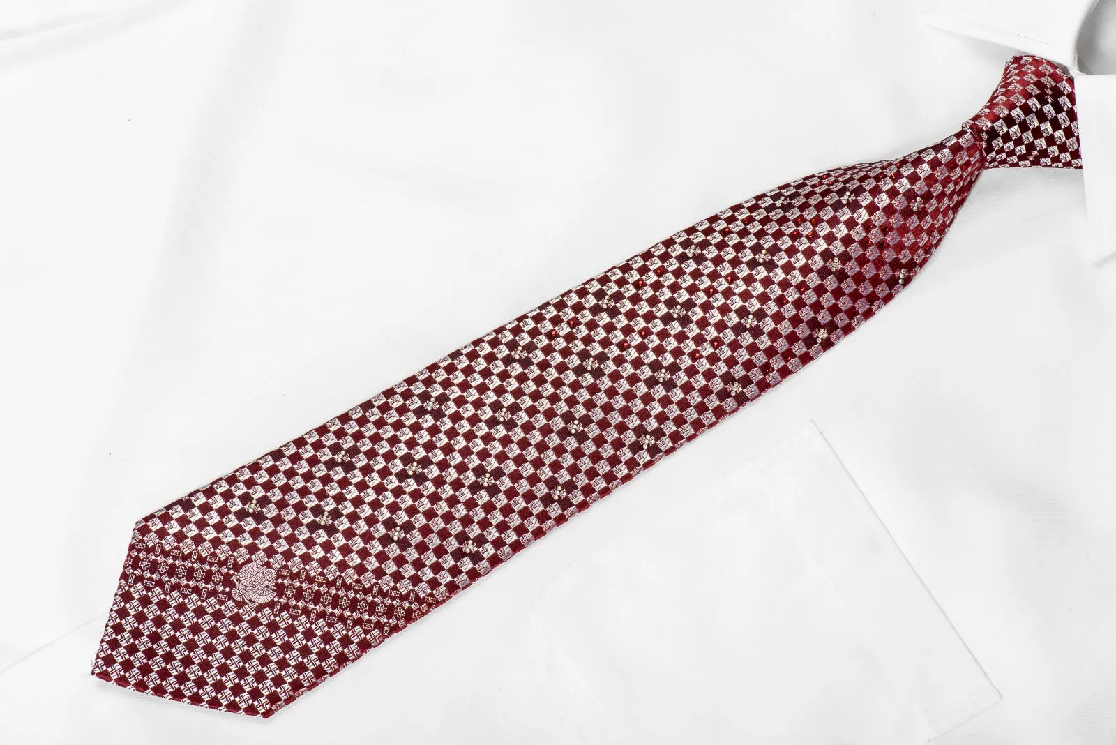 Renoma Mens Crystal Silk Necktie Silver Burgundy Checkered With Silver Sparkles