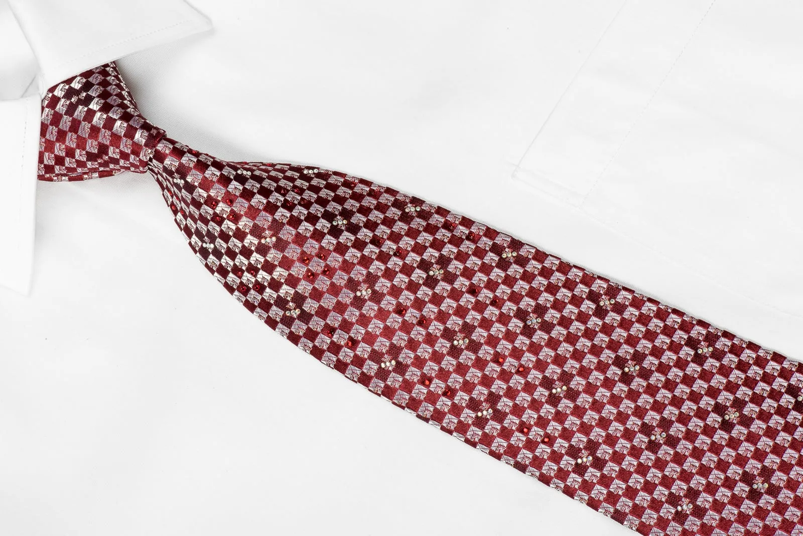 Renoma Mens Crystal Silk Necktie Silver Burgundy Checkered With Silver Sparkles