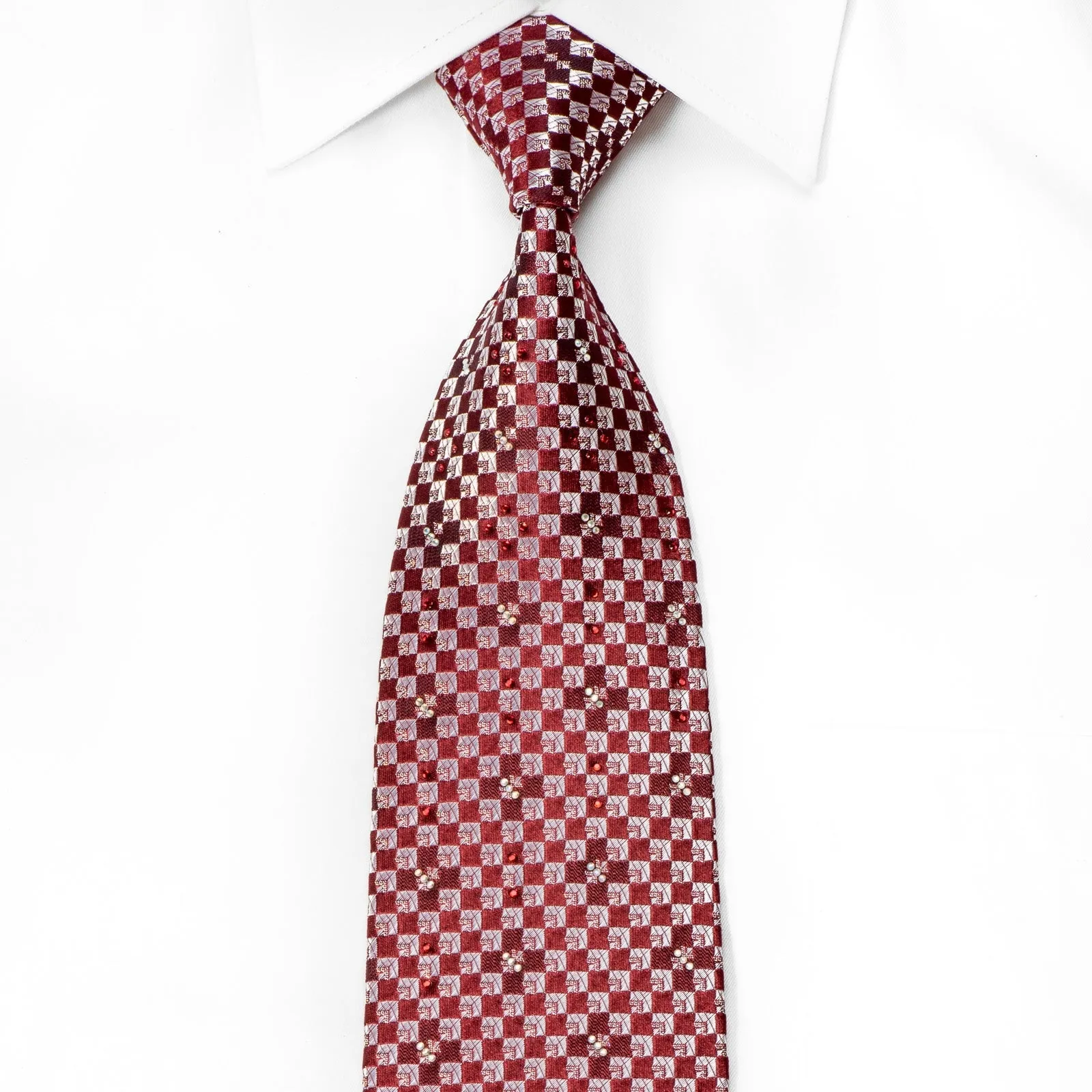 Renoma Mens Crystal Silk Necktie Silver Burgundy Checkered With Silver Sparkles