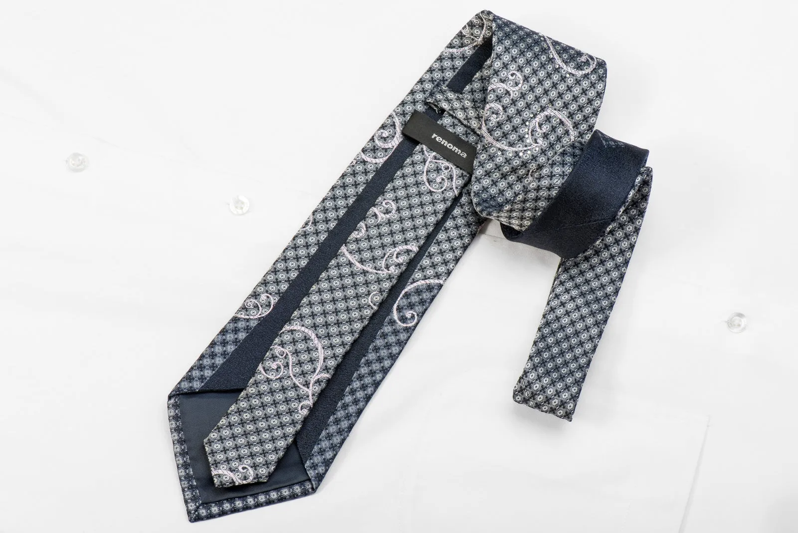Renoma Men's Crystal Silk Tie Silver Scrolls On Silver Black With Sparkles