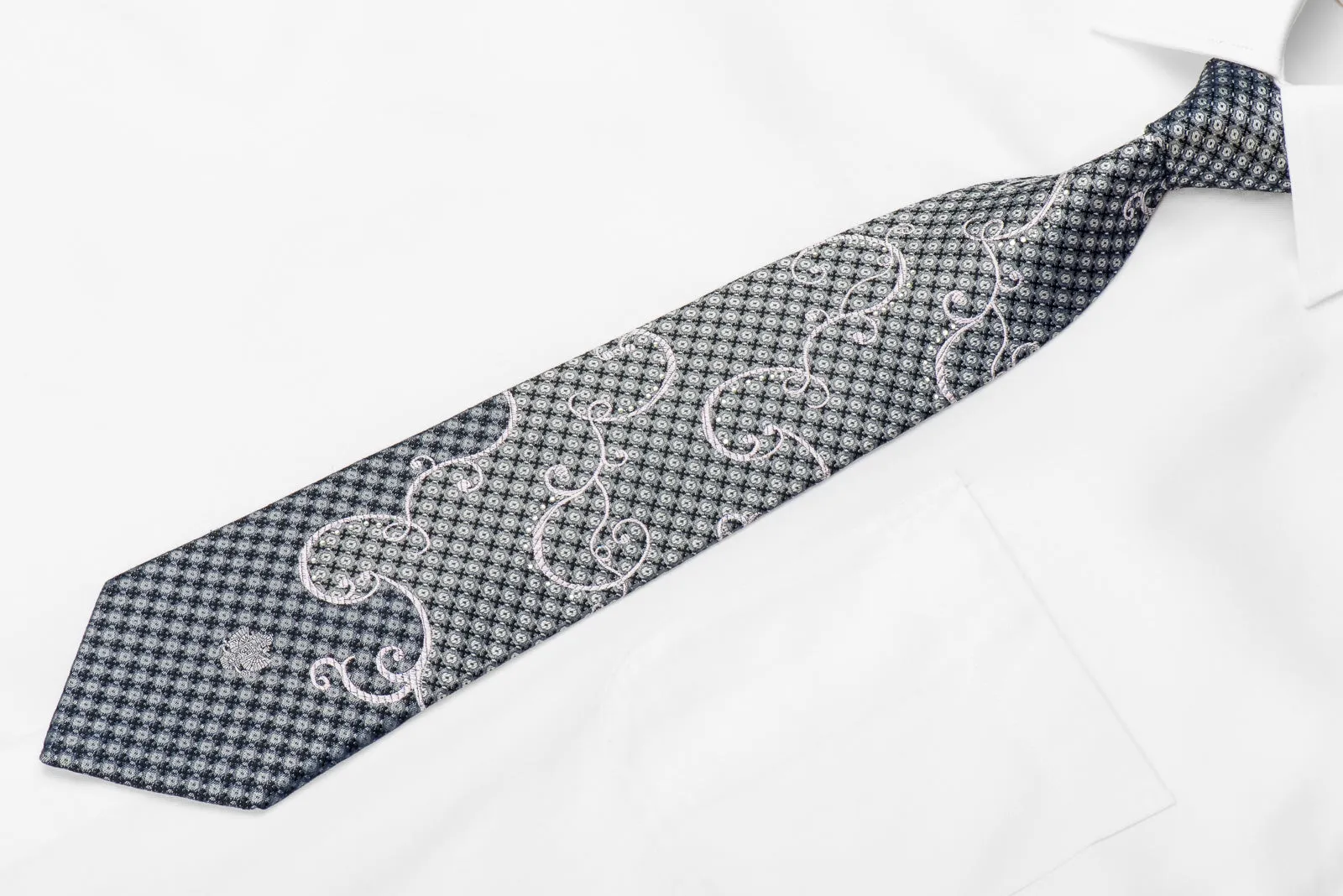 Renoma Men's Crystal Silk Tie Silver Scrolls On Silver Black With Sparkles