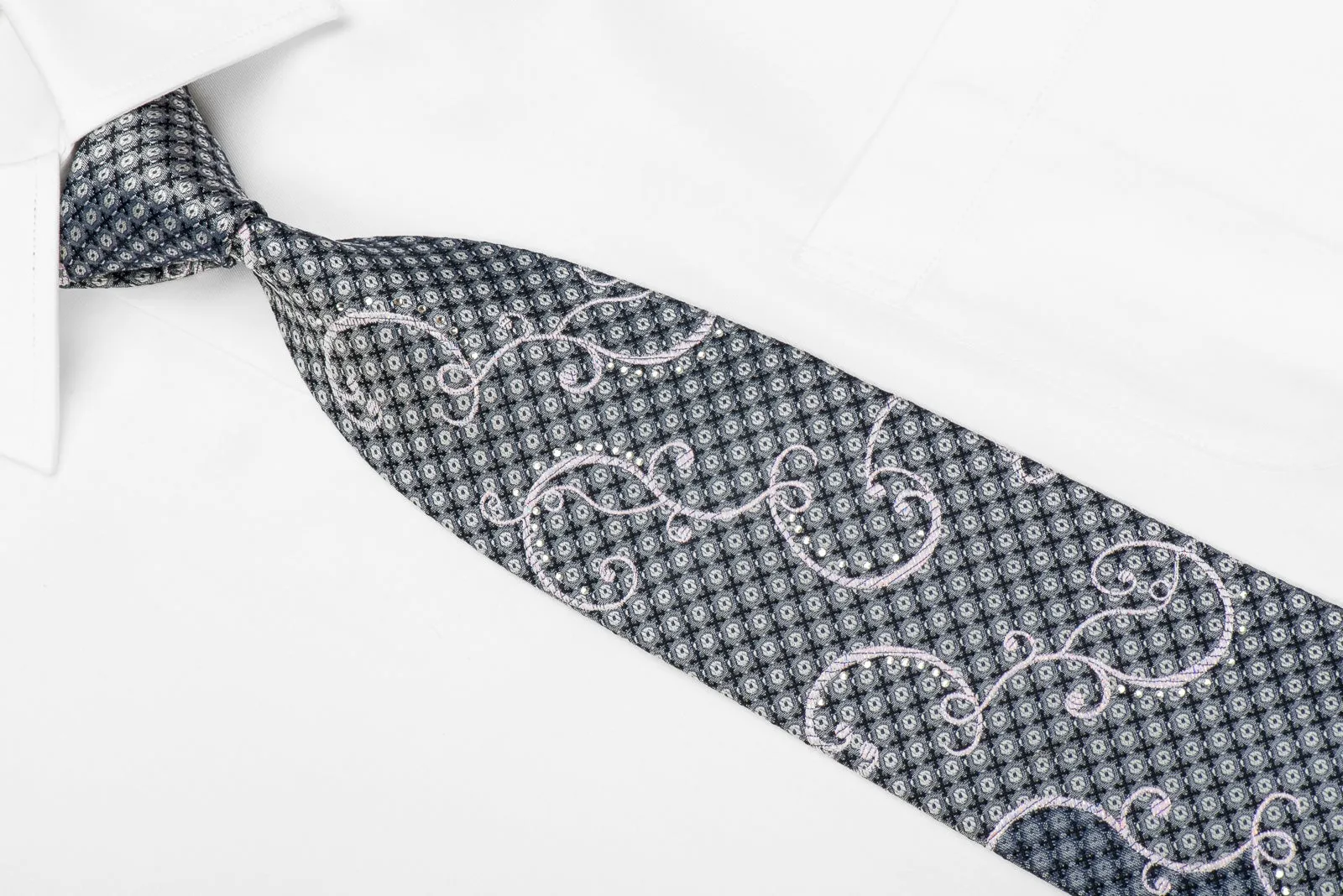 Renoma Men's Crystal Silk Tie Silver Scrolls On Silver Black With Sparkles