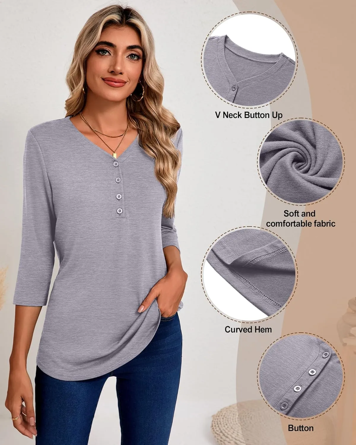 Riyiper 3 Pack Women's V Neck Button Tops 3/4 Sleeve Fitted Casual Popover Shirt Dressy Basic Shirt