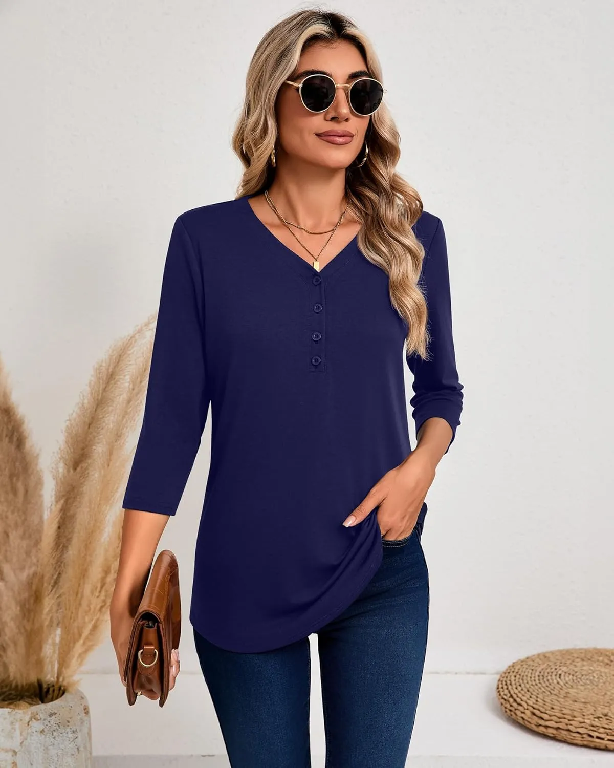 Riyiper 3 Pack Women's V Neck Button Tops 3/4 Sleeve Fitted Casual Popover Shirt Dressy Basic Shirt