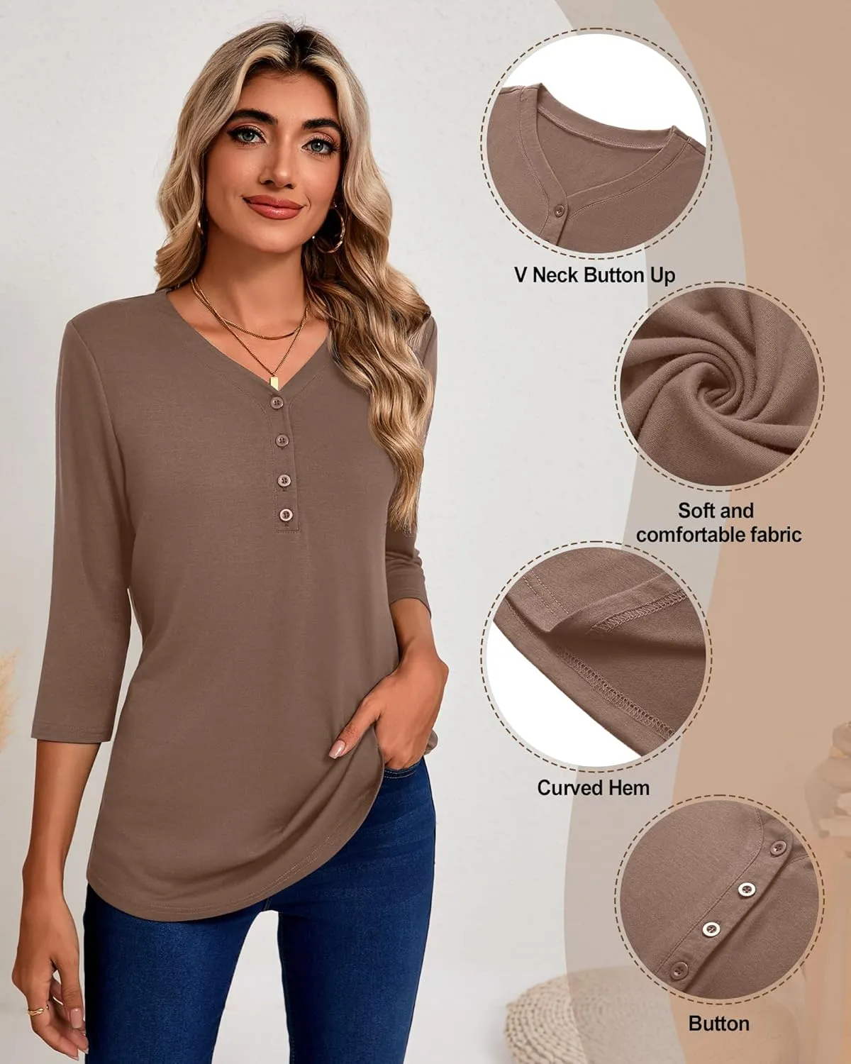 Riyiper 3 Pack Women's V Neck Button Tops 3/4 Sleeve Fitted Casual Popover Shirt Dressy Basic Shirt