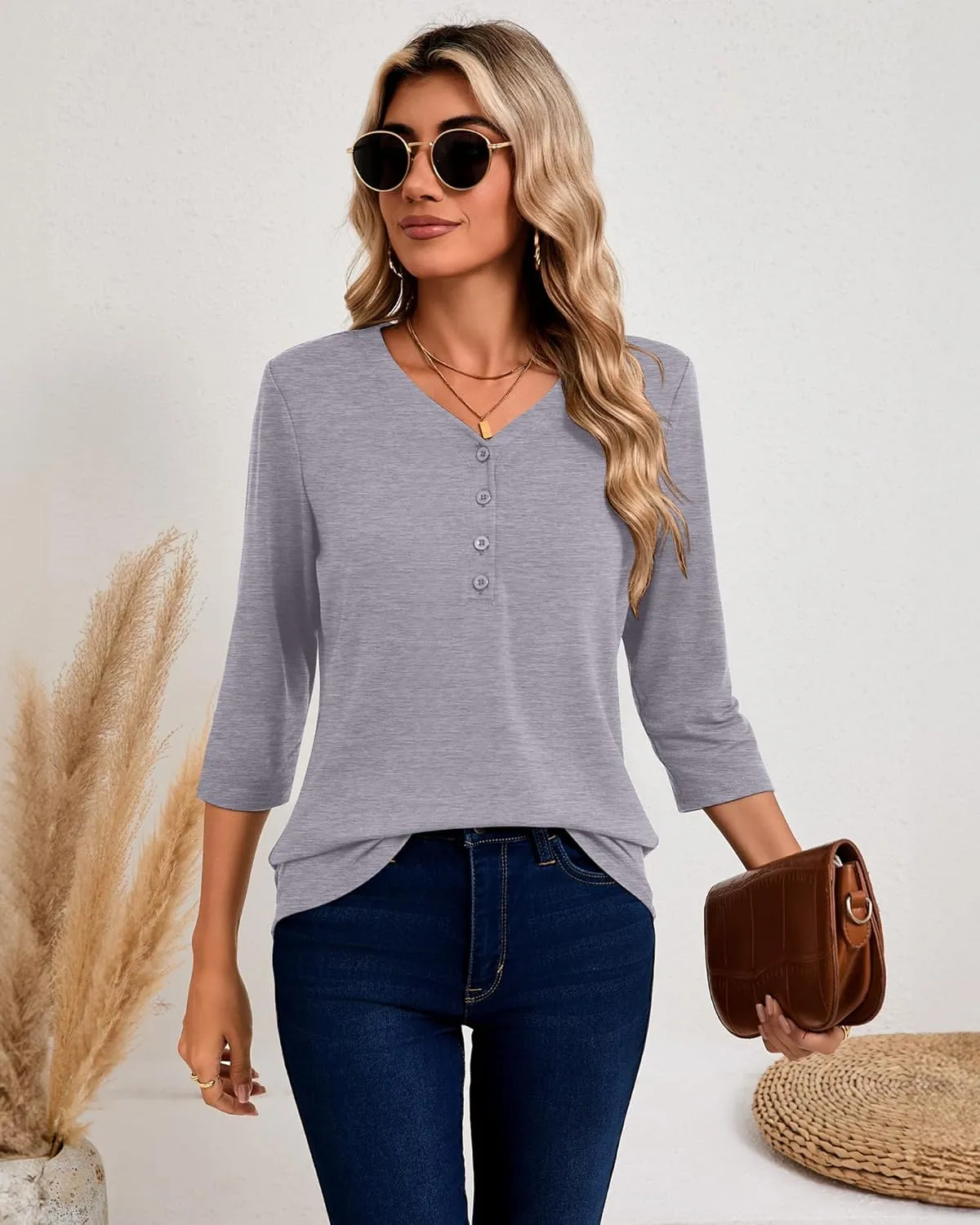 Riyiper 3 Pack Women's V Neck Button Tops 3/4 Sleeve Fitted Casual Popover Shirt Dressy Basic Shirt