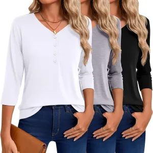 Riyiper 3 Pack Women's V Neck Button Tops 3/4 Sleeve Fitted Casual Popover Shirt Dressy Basic Shirt