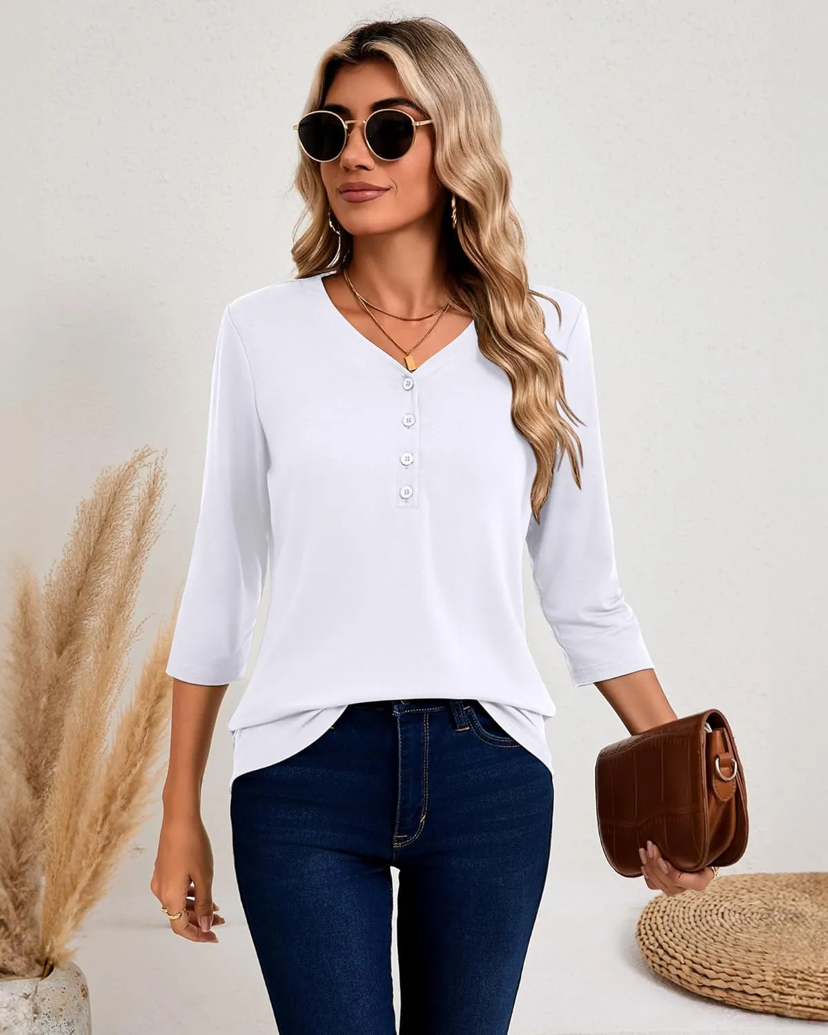 Riyiper 3 Pack Women's V Neck Button Tops 3/4 Sleeve Fitted Casual Popover Shirt Dressy Basic Shirt