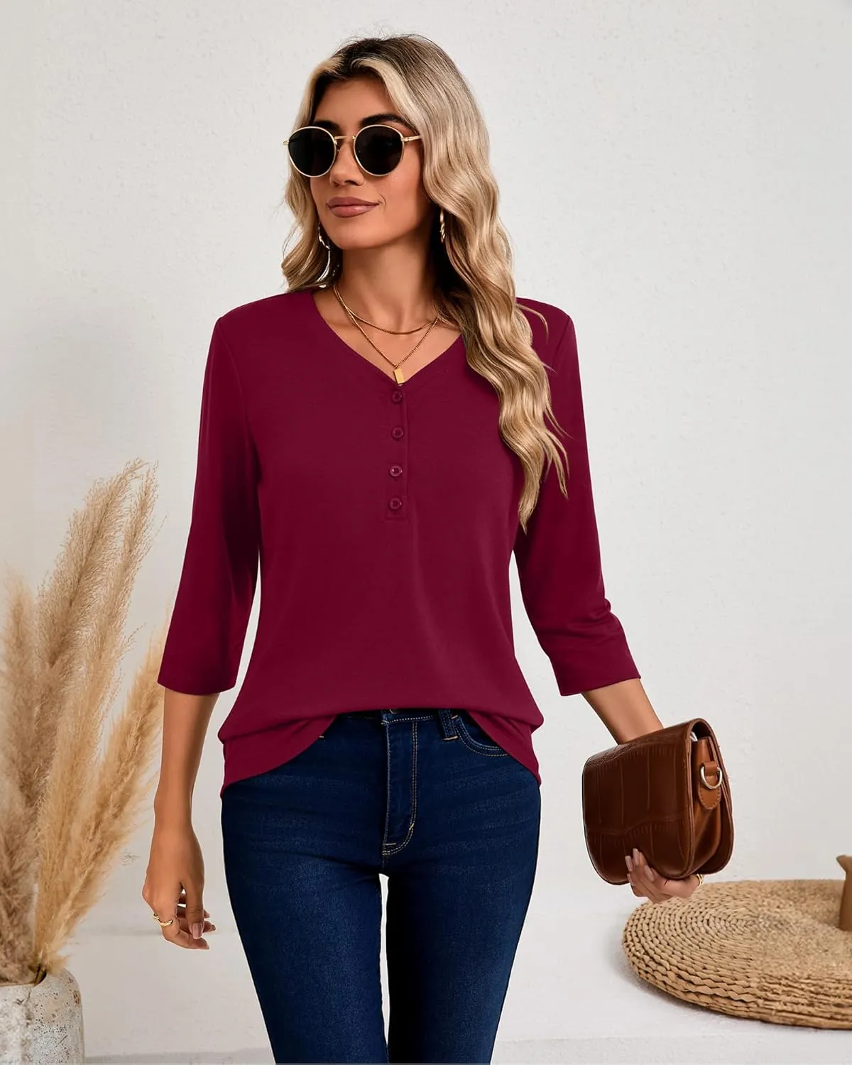 Riyiper 3 Pack Women's V Neck Button Tops 3/4 Sleeve Fitted Casual Popover Shirt Dressy Basic Shirt