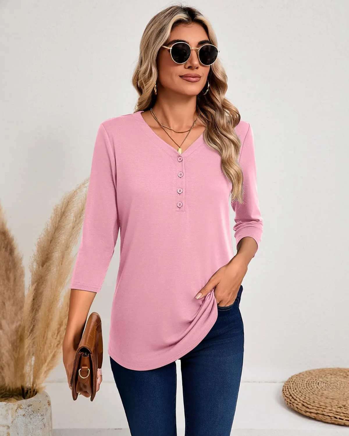 Riyiper 3 Pack Women's V Neck Button Tops 3/4 Sleeve Fitted Casual Popover Shirt Dressy Basic Shirt