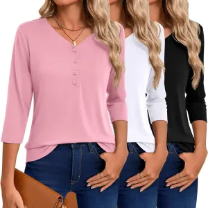 Riyiper 3 Pack Women's V Neck Button Tops 3/4 Sleeve Fitted Casual Popover Shirt Dressy Basic Shirt