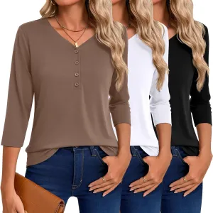 Riyiper 3 Pack Women's V Neck Button Tops 3/4 Sleeve Fitted Casual Popover Shirt Dressy Basic Shirt