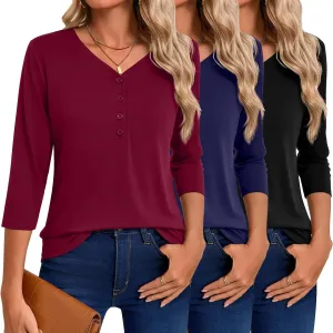 Riyiper 3 Pack Women's V Neck Button Tops 3/4 Sleeve Fitted Casual Popover Shirt Dressy Basic Shirt