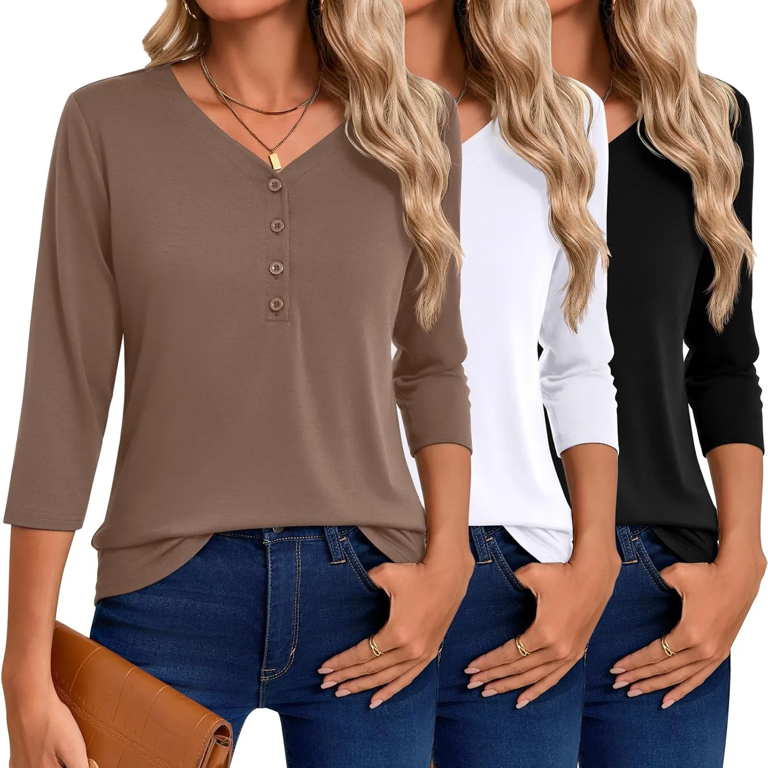 Riyiper 3 Pack Women's V Neck Button Tops 3/4 Sleeve Fitted Casual Popover Shirt Dressy Basic Shirt