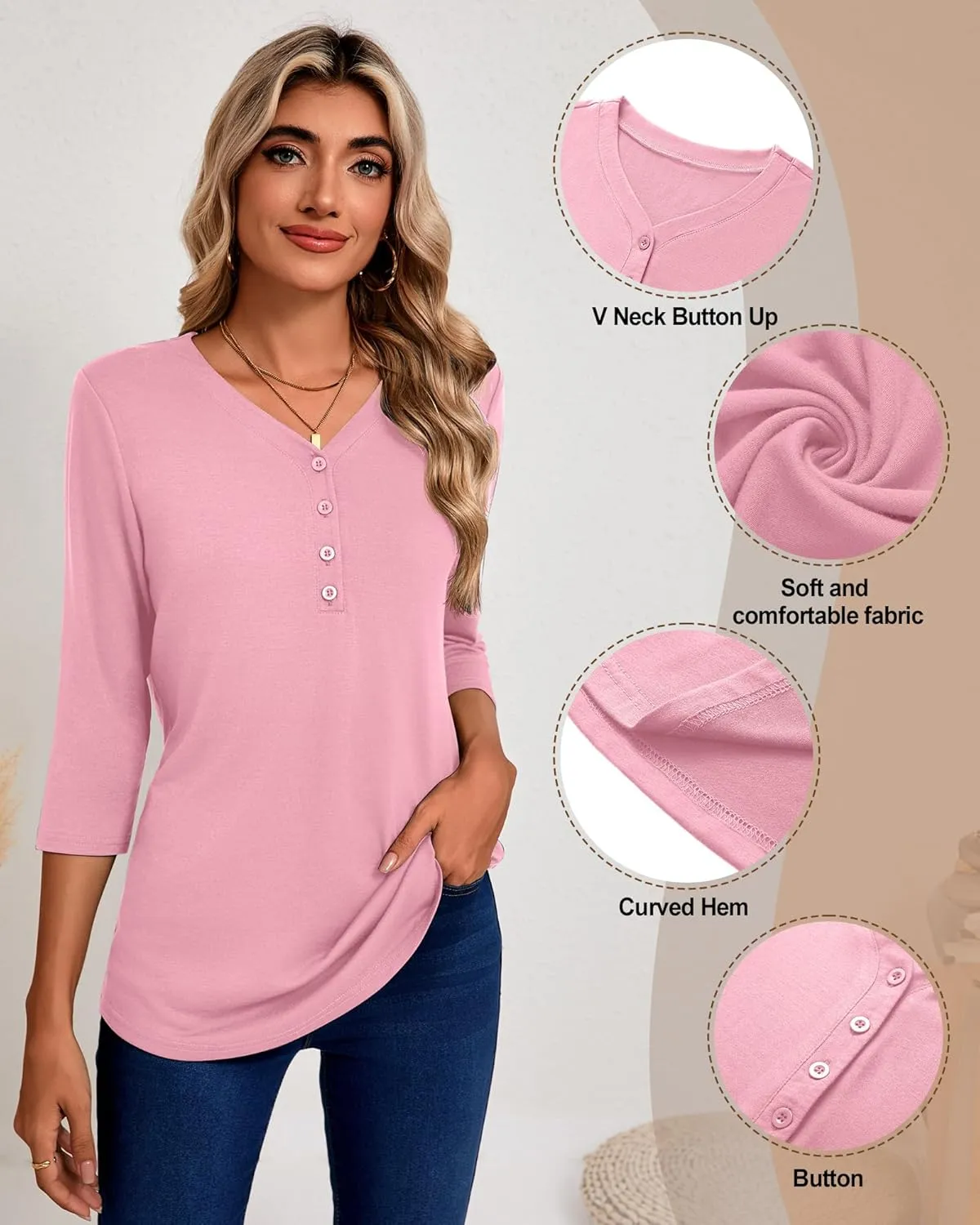 Riyiper 3 Pack Women's V Neck Button Tops 3/4 Sleeve Fitted Casual Popover Shirt Dressy Basic Shirt