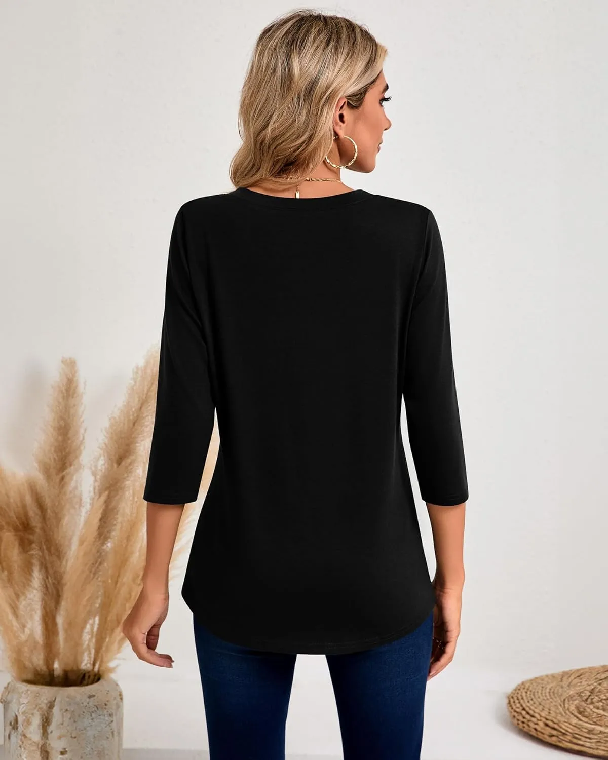 Riyiper 3 Pack Women's V Neck Button Tops 3/4 Sleeve Fitted Casual Popover Shirt Dressy Basic Shirt