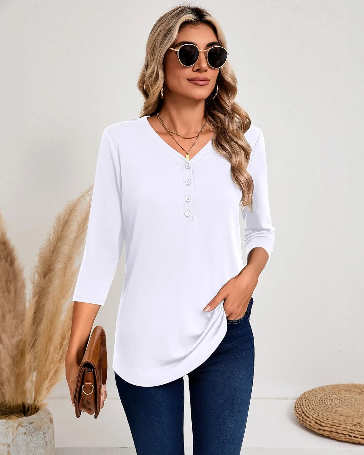Riyiper 3 Pack Women's V Neck Button Tops 3/4 Sleeve Fitted Casual Popover Shirt Dressy Basic Shirt