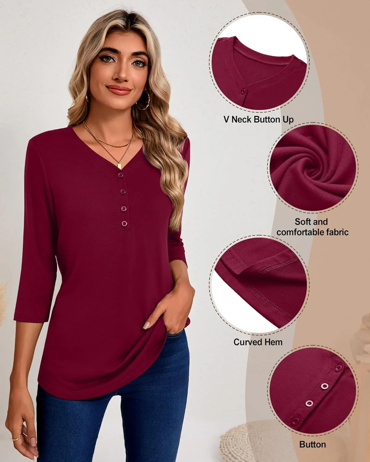 Riyiper 3 Pack Women's V Neck Button Tops 3/4 Sleeve Fitted Casual Popover Shirt Dressy Basic Shirt